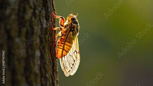 Cicada on Tree: A mesmerizing close-up of a cicada clings to a textured tree trunk, its translucent wings beautifully illuminated by the sun, showcasing the intricate details of nature's artistry.