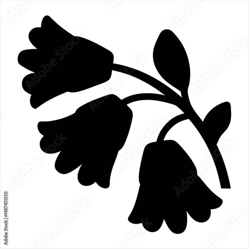 Silhouette of three bellshaped flowers on a stem with leaves against white