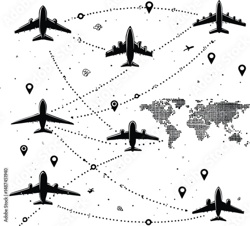 Global Flight Paths: A Dynamic Illustration of Airplanes in Motion, Showing Travel Routes Across a Map with Location Markers