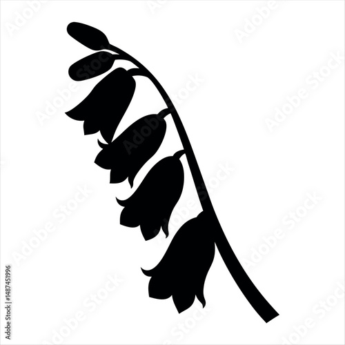 A black silhouette of a bluebell flower, hanging downwards and elegant