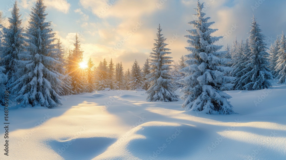 Snow Covered Winter Forest at Sunrise with Golden Light Snow Covered Winter Forest at Sunrise with Golden Light