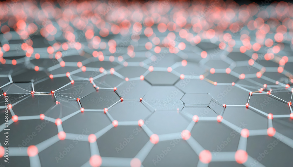 Obraz premium Close up of hexagonal network with glowing red nodes on dark digital surface, futuristic design