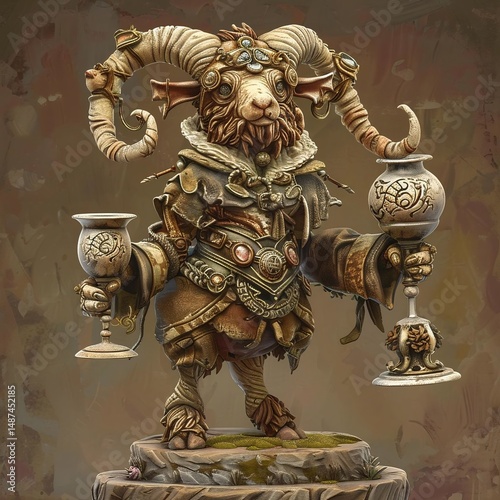 A majestic goat-like creature, adorned with beard and jewelry, stands on a pedestal, holding ornate chalices and exuding regal presence.