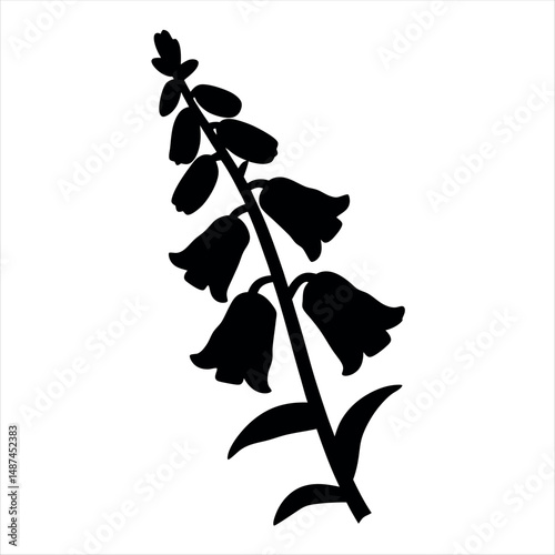 Stylized black silhouette of a foxglove flower with distinct petals and leaves