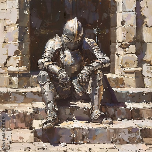 A weathered medieval knight sits on stone steps, gazing directly at the viewer, their worn armor reflecting the passage of time.