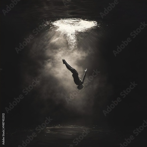 A solitary figure, dressed in a sleek black suit, is suspended upside down, defying gravity as they fall into a shimmering portal of light, radiating a sense of exhilaration and freedom.