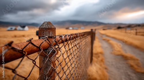 Rusty fence line stretches through golden field