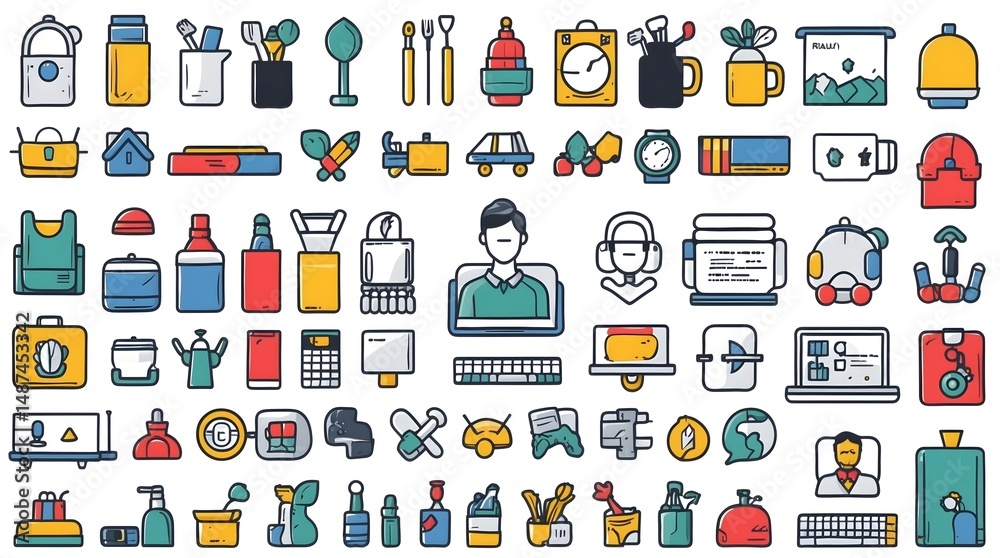 Fototapeta premium Colorful Icon Set: A vibrant collection of diverse icons depicting various objects, tools, and symbols, ideal for web design, app development, or presentations. 