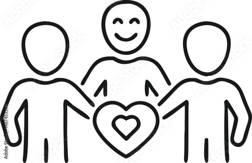 Simple line art illustration of three stylized figures, each with a happy expression, standing close together, with one figure holding a heart between them.
