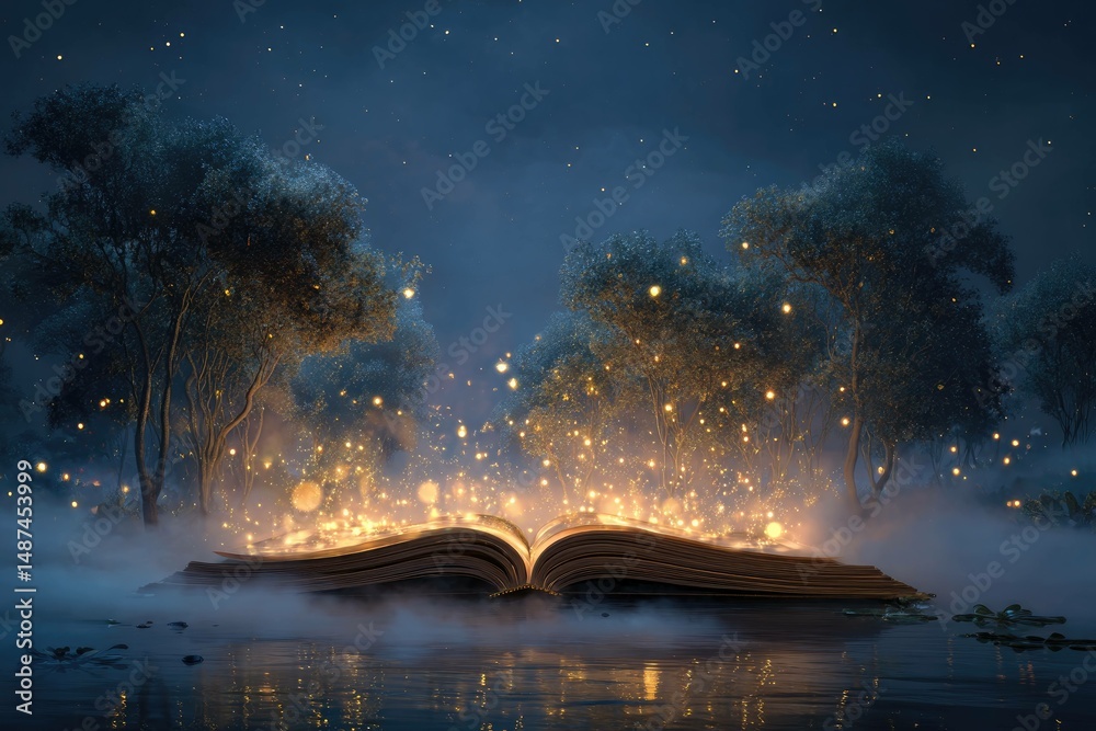 Fototapeta premium Enchanted nighttime open book with celestial sky, misty river across pages, and golden orbs casting a warm glow on shimmering trees