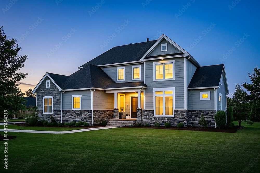 Obraz premium New construction luxury home exterior showcasing modern architecture, clean lines, and elegant design in a bright, inviting setting.