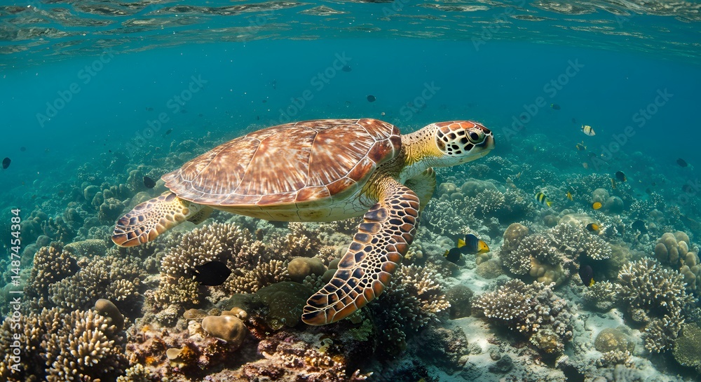 Obraz premium Majestic Green Sea Turtle Gracefully Navigating a Vibrant Coral Reef Ecosystem