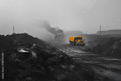 Large yellow dump trucks working in open-pit coal mines. AI generated image