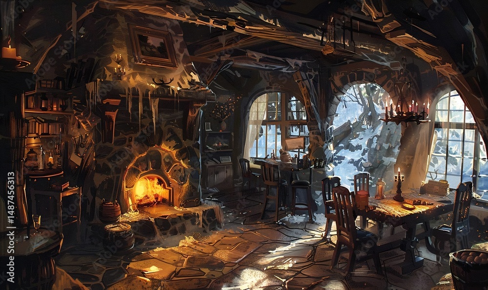 Obraz premium A cozy, fantasy-themed room bathed in warm sunlight, featuring a rustic stone fireplace, wooden table, and snowy landscape outside, with an old-world charm and hint of magic.