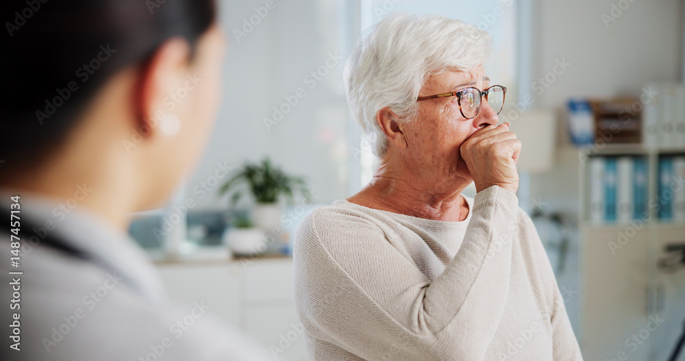 Obraz premium Sad woman, doctor and crying with healthcare, shocked and consultation with support, empathy and tears. Pensioner, old patient and medical with professional, results and sympathy with help and cancer