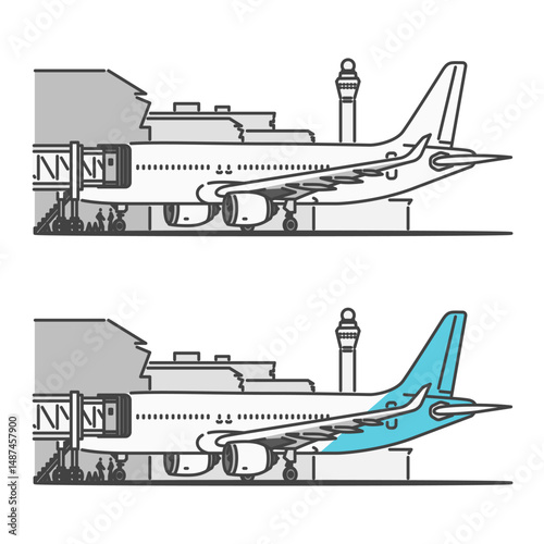 イラスト素材:国内線・短距離路線の旅客機、PBB(パッセンジャーボーディングブリッジ)で搭乗中