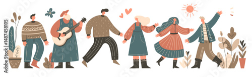 Set of people isolated on white background dancing in casual clothes. Color illustration in flat vector style.
