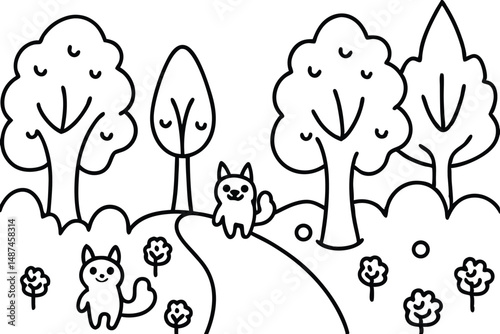 Outlined cartoon kitten walks in a stylized woodland area with little trees