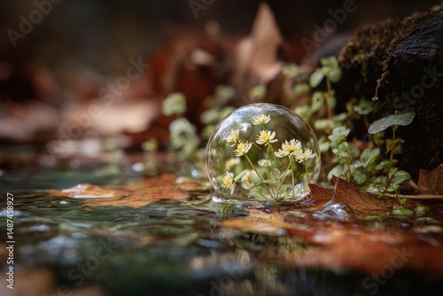 Floating orb of tiny wildflowers turning in the current near roots and fallen leaves, soft focus background