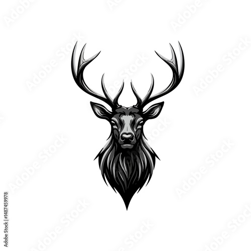 Majestic Deer Head: A striking black and white illustration of a regal deer head, showcasing intricate detail and a strong, commanding presence.