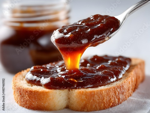 A spoonful of rich, dark brown fruit spread is being added to a slice of toasted bread for a delicious breakfast. photo