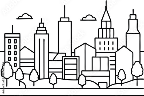 Outlined city silhouette showcases tall buildings, office blocks, and small trees in black ink