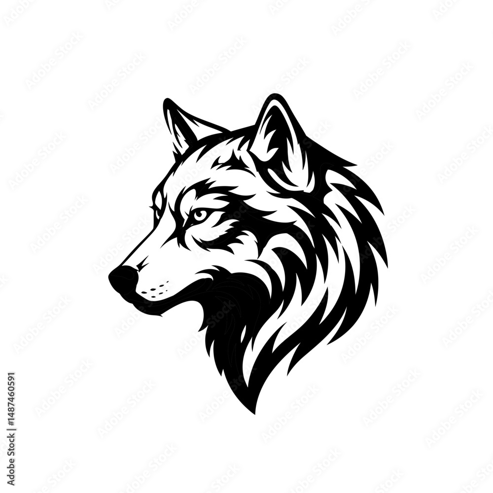 Naklejka premium Solitary Wolf: A strong and stoic wolf, rendered in bold monochrome, gazes intently, embodying wilderness and resilience.