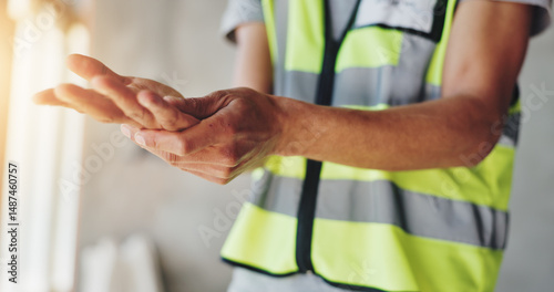 Canvastavla Hands, construction worker and pain with carpal tunnel for renovation project, arthritis or injury at site