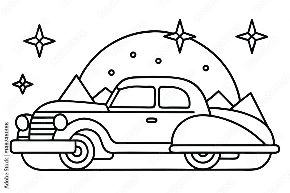 Outlined classic car is featured with stars, circle shapes, and mountain background Outlined classic car is featured with stars, circle shapes, and mountain background