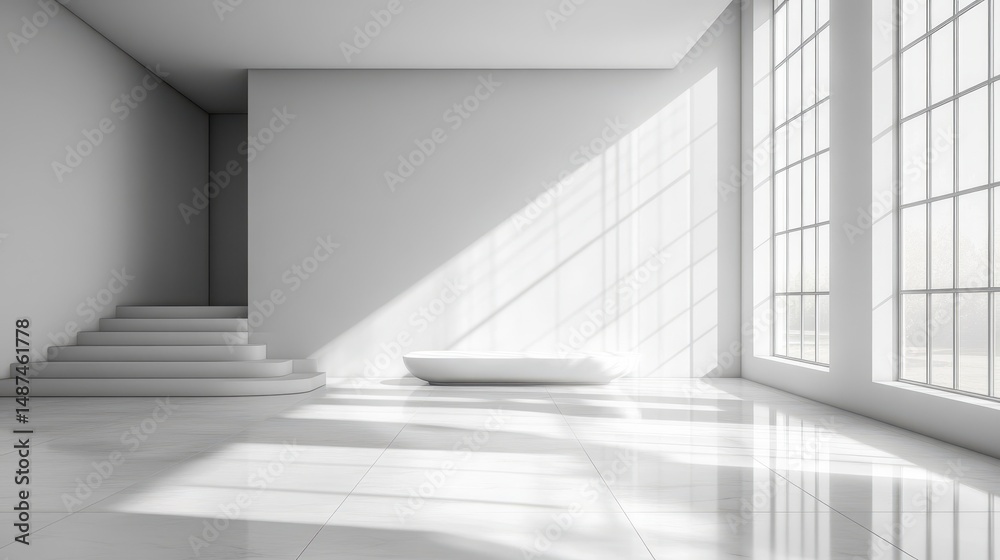 Fototapeta premium Sunlit Minimalist White Room Interior with Marble Floor and Stairs