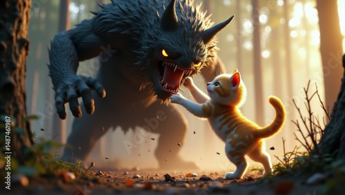 Intense confrontation between a fierce werewolf and a brave kitten in a mysterious forest at sunset