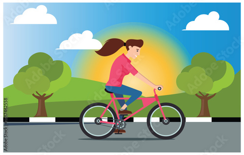 flat design ride a scooter in the mountains, vector illustration