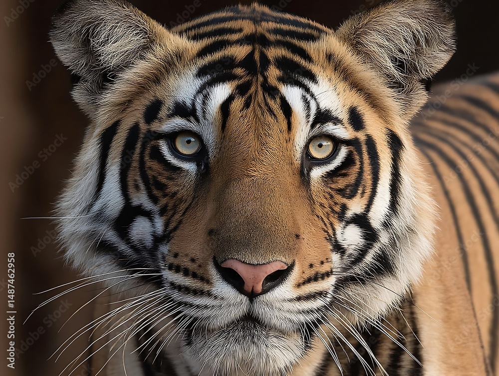 Fototapeta premium the image presents a close up shot of a large cat, its face the primary focus. its fur displays a pattern of black stripes against a golden brown background