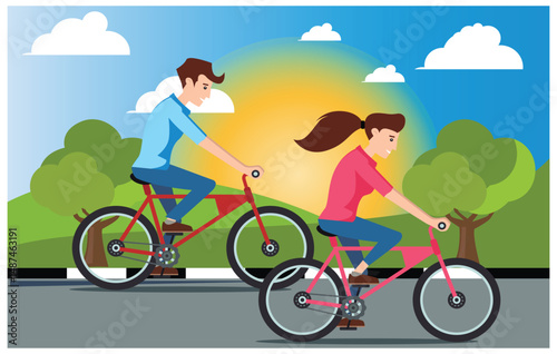 flat design cycling in the mountains with a girlfriend, vector illustration