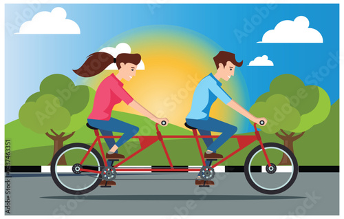 flat design ride a scooter in the mountains, vector illustration