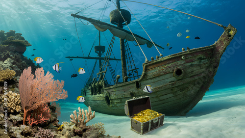Underwater scene of a sunken pirate ship with treasure and colorful tropical fish