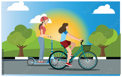flat design cycling in the mountains with a girlfriend, vector illustration