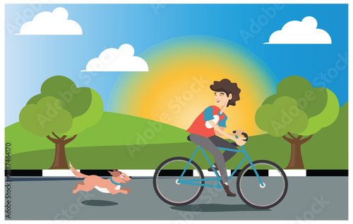 flat design ride a scooter in the mountains, vector illustration