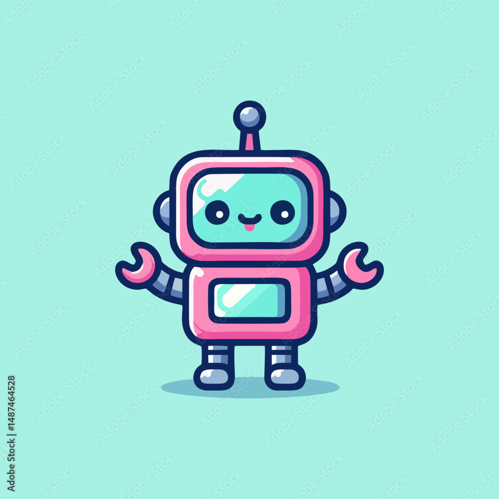 Naklejka premium Mascot Robot avatar cartoon character illustration for futuristic ai cyborg bot mascot icon, hightech android assistant logo, artificial intelligence vector companion device digital concept
