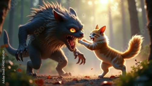 Intense Forest Encounter Between a Fierce Werewolf and a Playful Cat