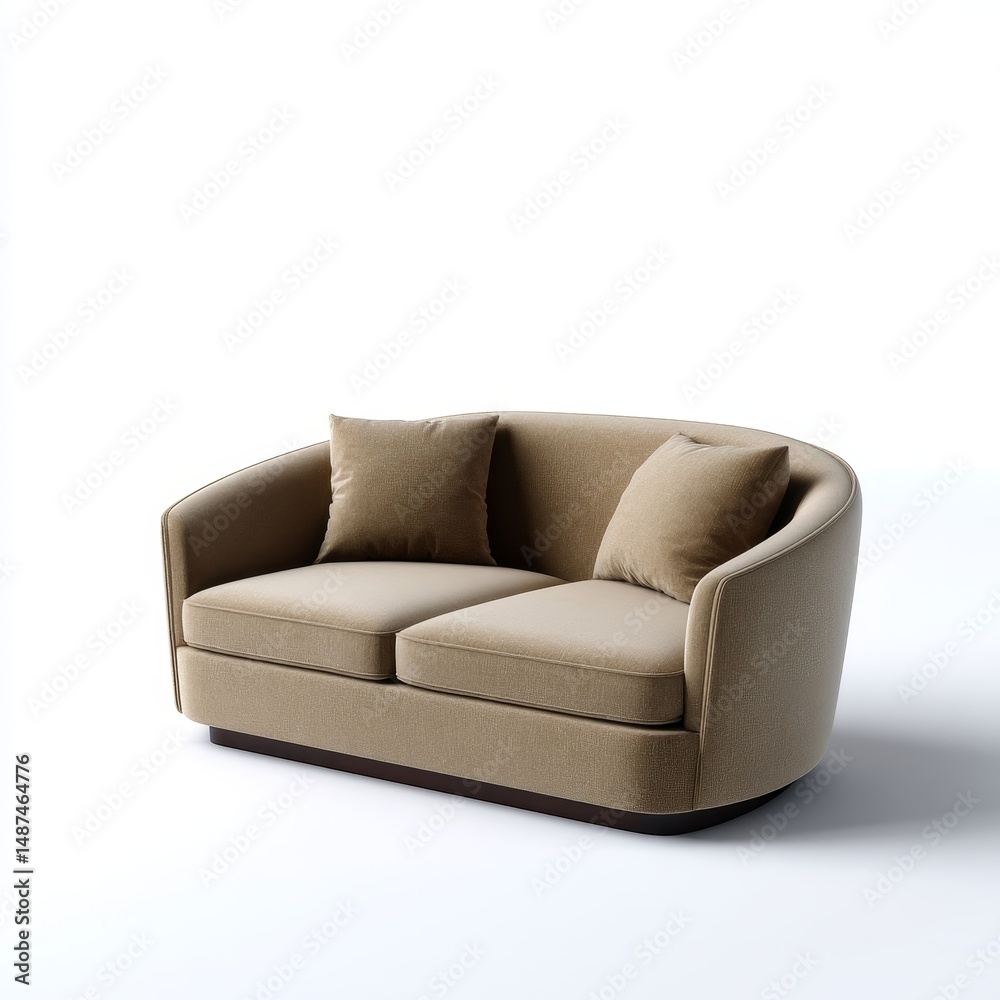 Naklejka premium Modern Minimalist Lounge Sofa in Pastel Taupe Velvet - Photorealistic Render on White Background