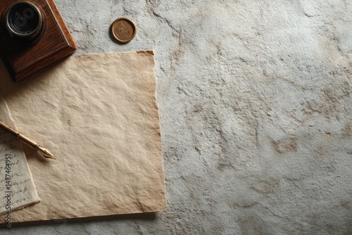 Antique Quill Pen, Aged Paper, and Inkwell: A Rustic Still Life