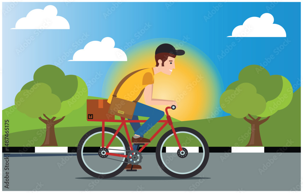 Naklejka premium flat design ride a scooter in the mountains, vector illustration