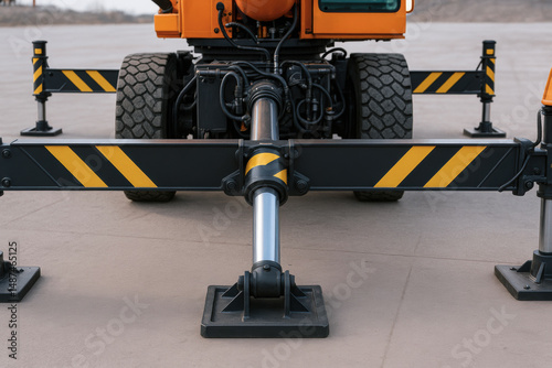 Hydraulic mechanism supports heavy machinery with strong metal stabilizers and large tires on concrete surface for secure operation photo