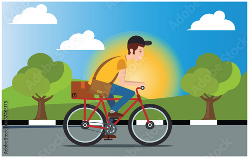 flat design ride a scooter in the mountains, vector illustration