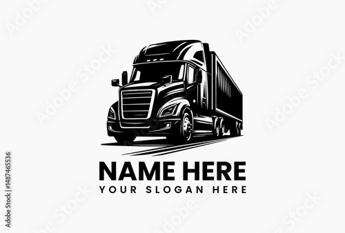 Angled view of premium Freightliner Cascadia with full trailer in polished silver vector logo. Logistics industry concept  