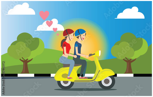flat design ride a scooter in the mountains, vector illustration
