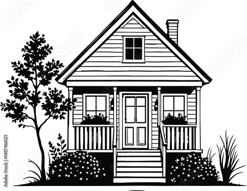 Charming Cottage Haven: A Cozy Black and White Illustration of a Quaint House with Flower Boxes, a Porch, and Lush Surroundings
