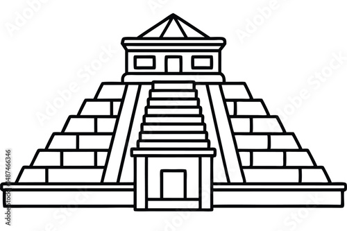 Outlined Mayan pyramid with stairs ascends powerfully towards the summit structure at the top