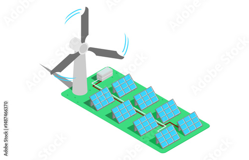 Isometric 3d vector illustration of windmills and solar panels for alternative energy, vector illustration